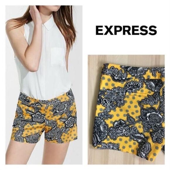 Express Yellow Paisley Floral Print Side Zip Shorts - Size 8 - Picture 1 of 11